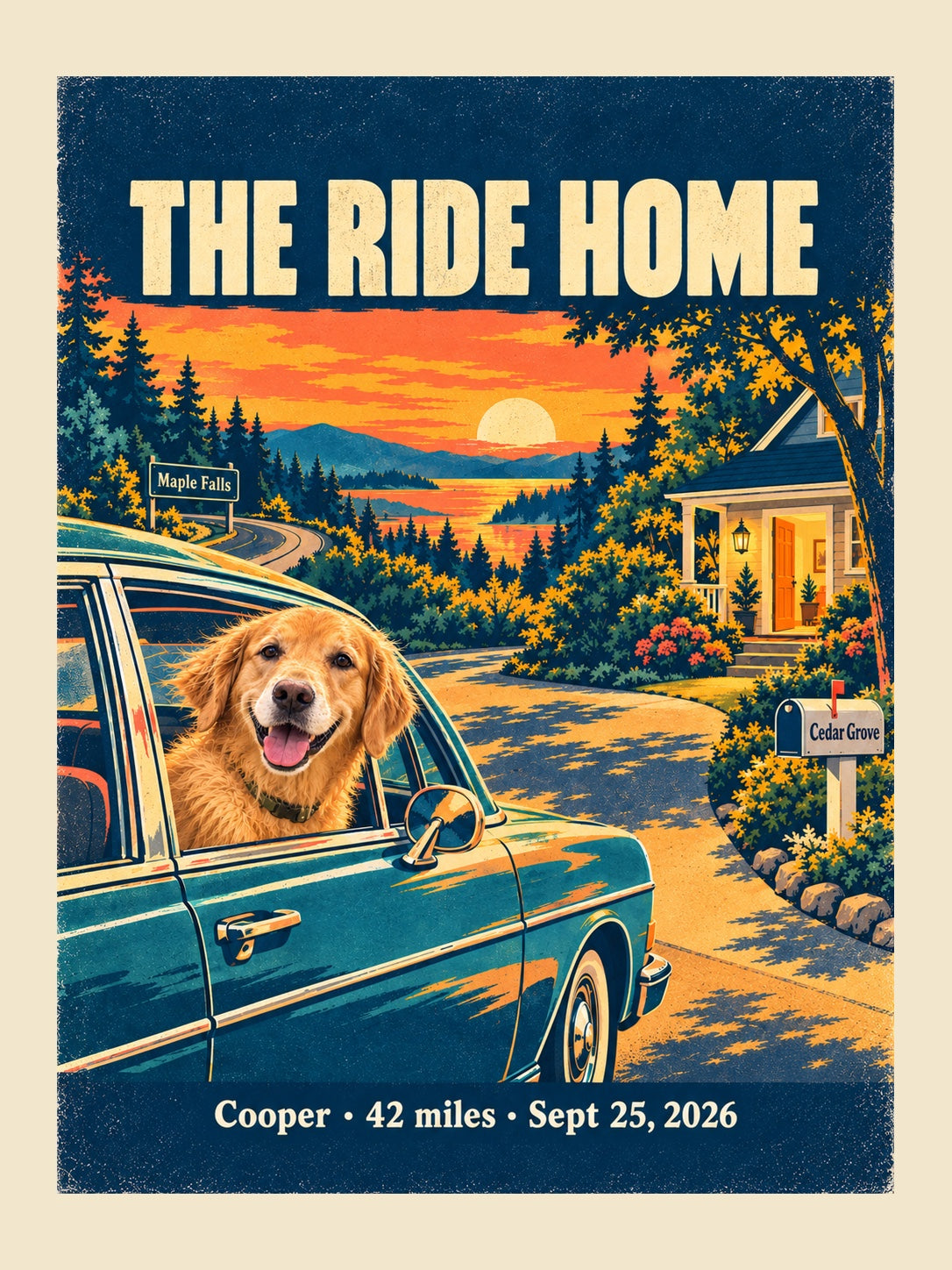Ride Home print: a golden retriever arriving at his new home at sunset