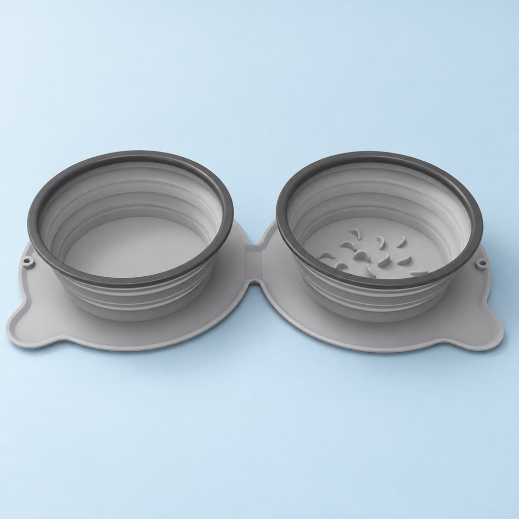 Grey collapsible double pet bowl on a mist-blue background