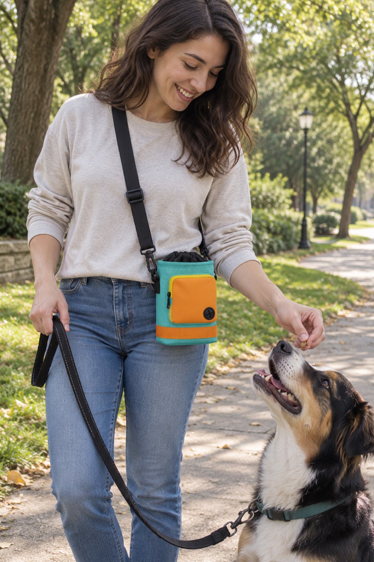 Wearing the treat pouch crossbody on a park walk while giving a dog a treat
