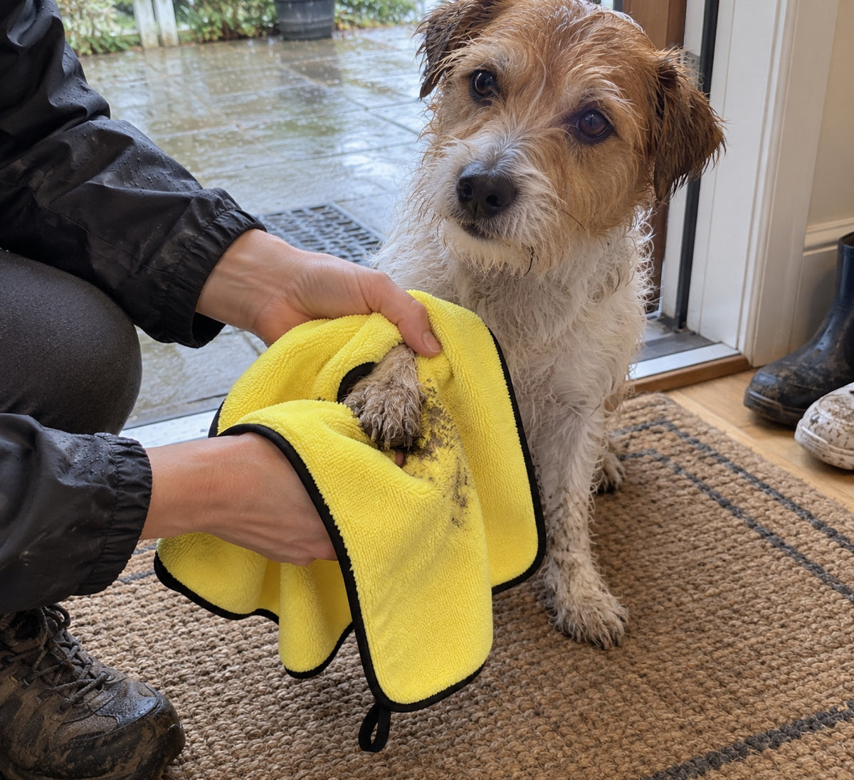 Wiping a small dog’s muddy paws with the towel at the front door