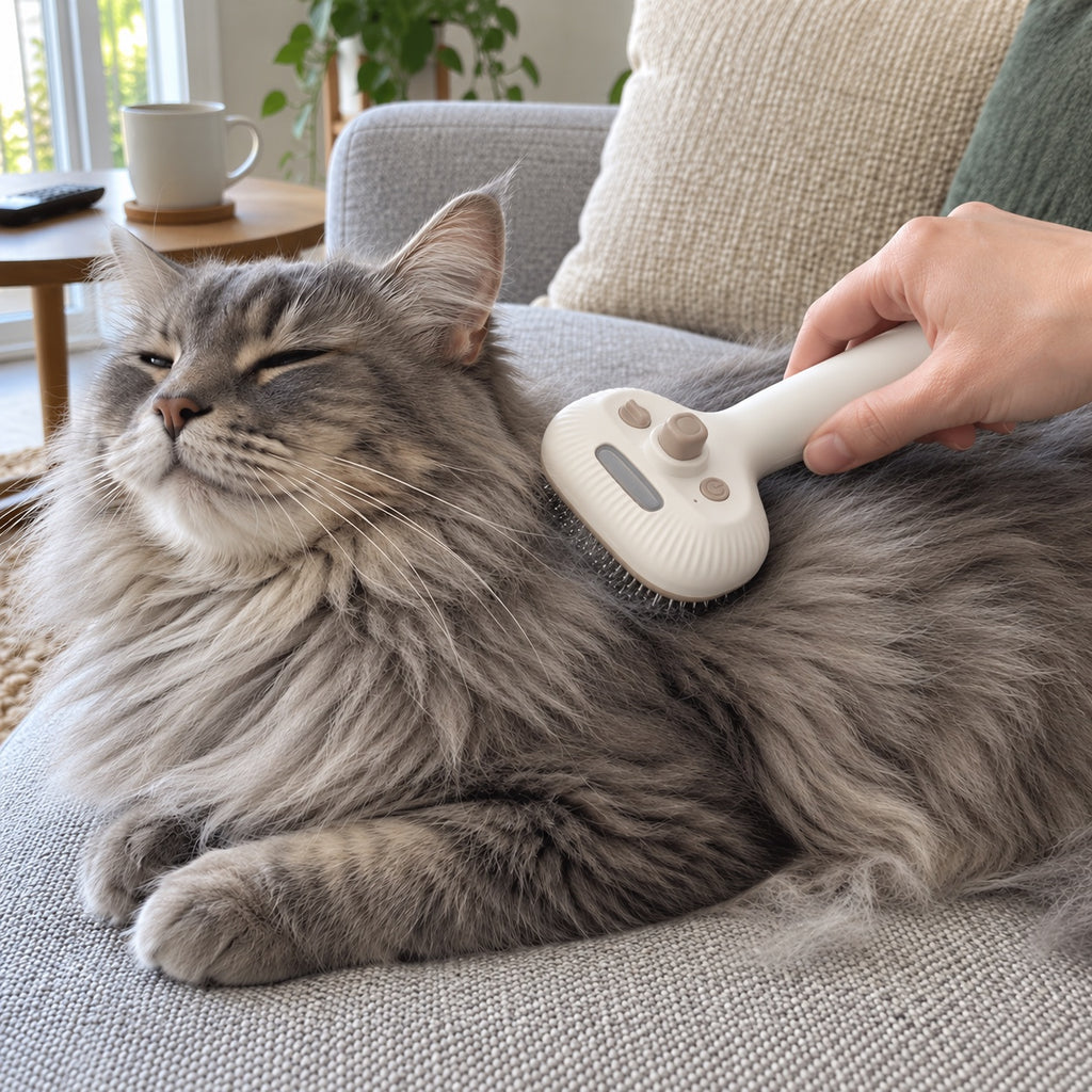 Brushing a relaxed long-haired grey cat on a sofa