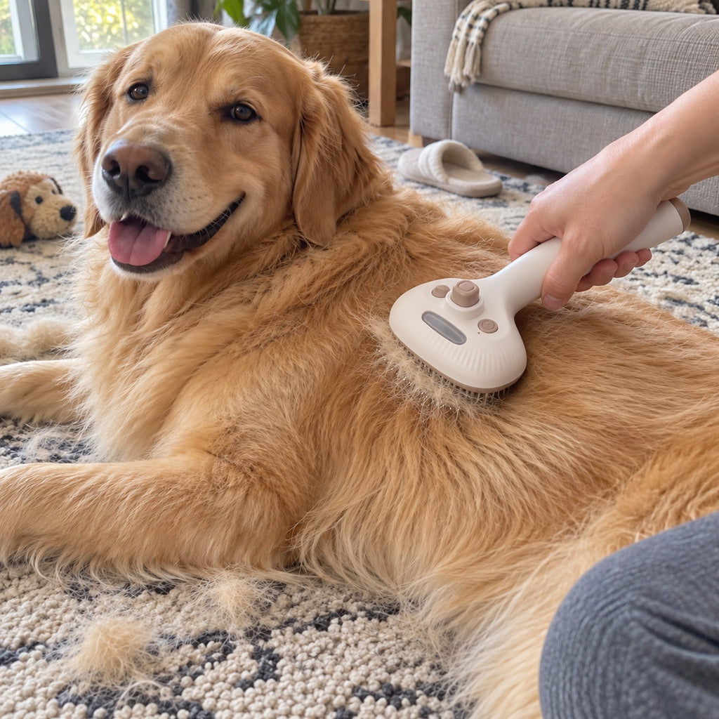 Brushing a golden retriever on a living-room rug