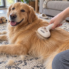 Brushing a golden retriever on a living-room rug