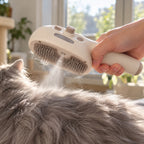 Fine cool mist coming from the brush over a long-haired grey cat