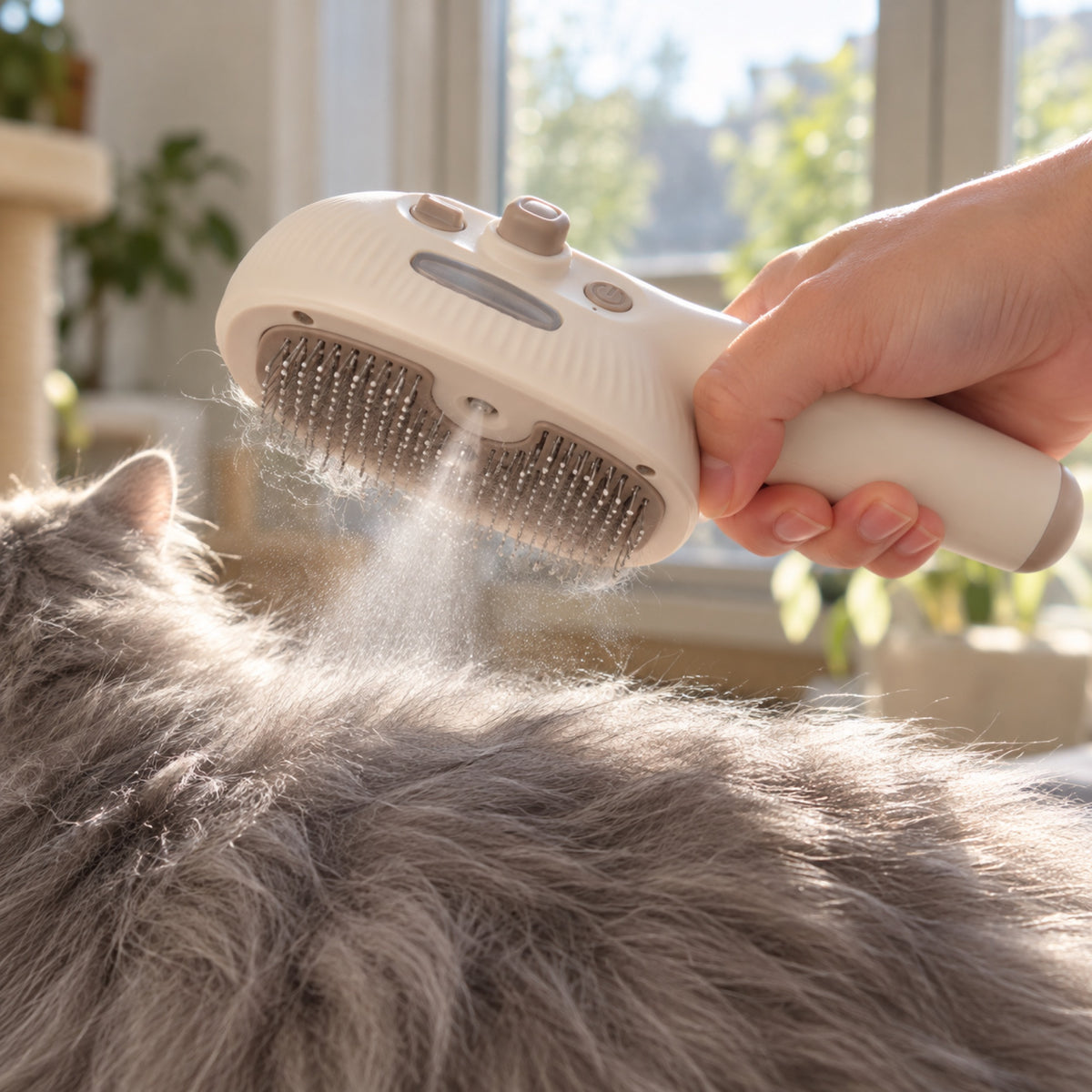 Fine cool mist coming from the brush over a long-haired grey cat