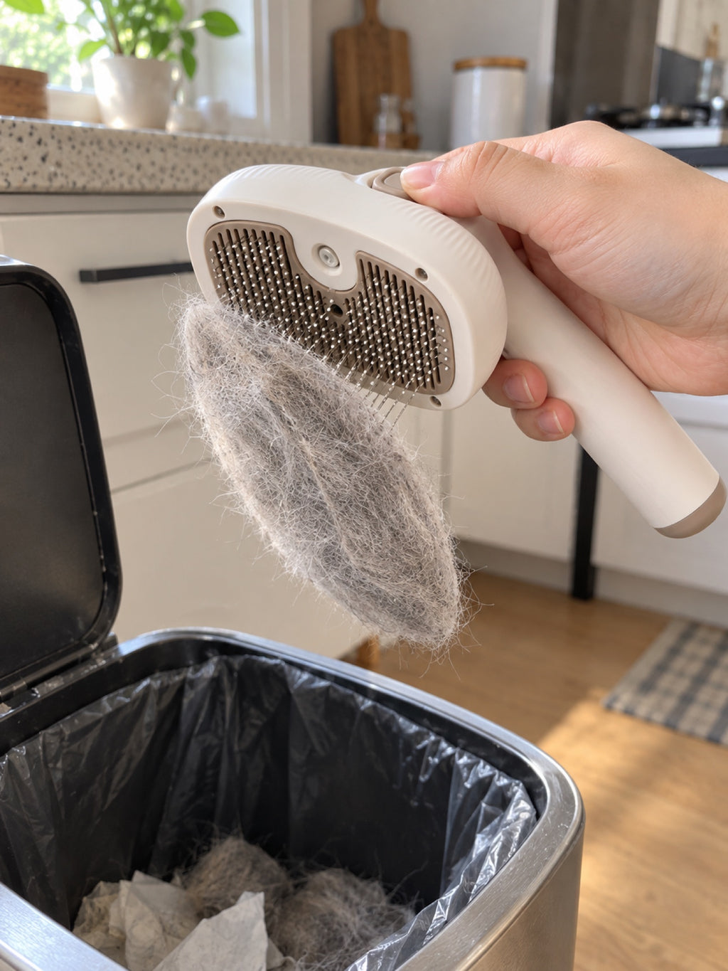 Pressing the button to push a layer of cat fur off the brush into a bin