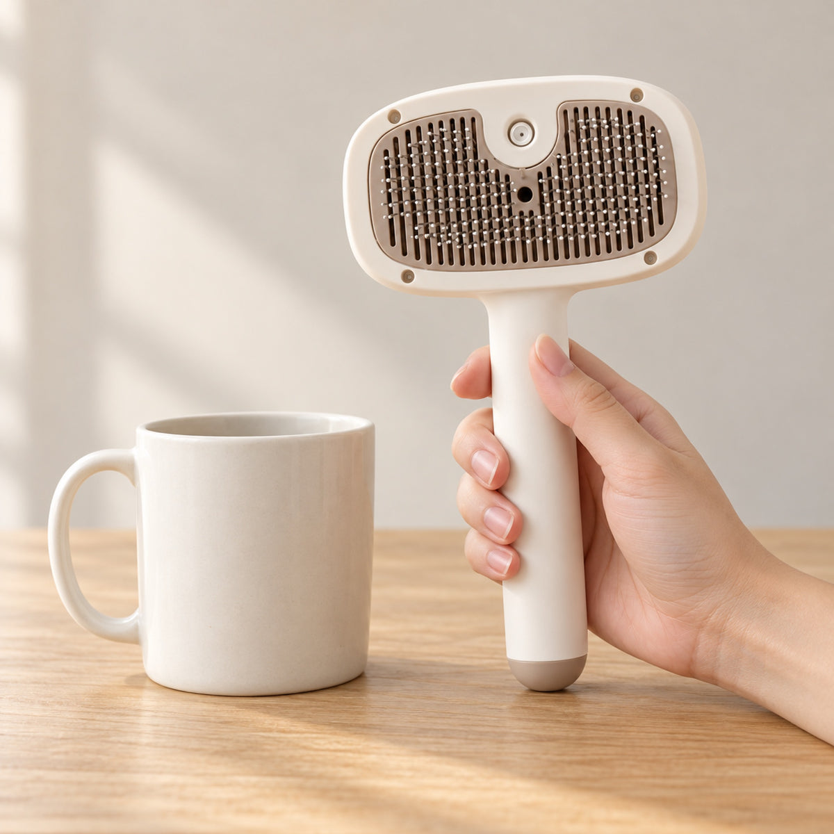 The brush held in an adult hand next to a coffee mug to show its size