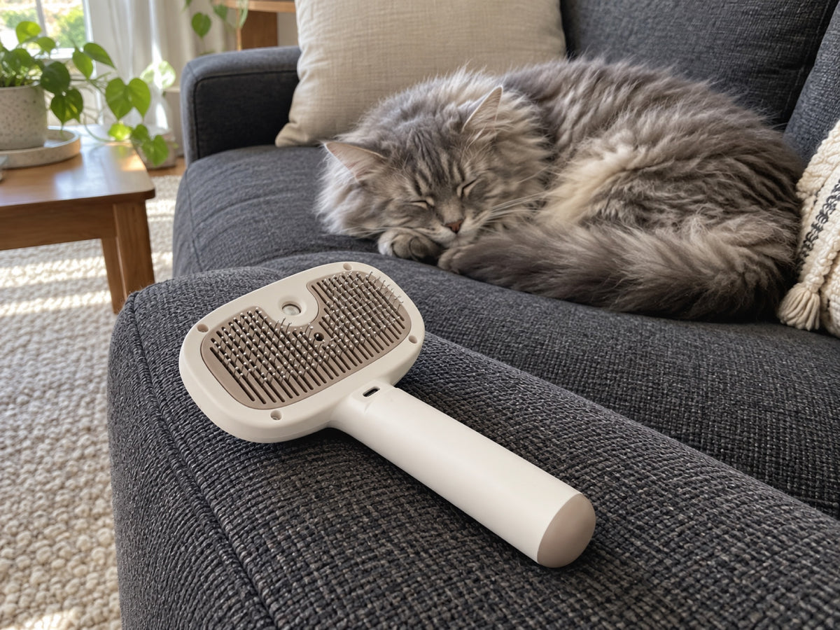 A clean dark sofa with a cat napping after brushing