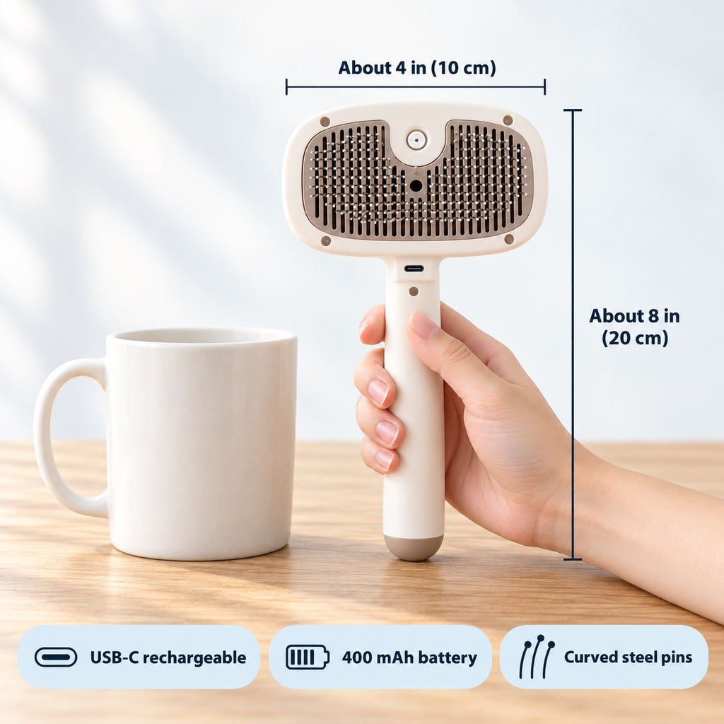 Size and specs: about 10 cm wide and 20 cm long, USB-C charging, 400 mAh battery, curved steel pins