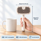 Size and specs: about 10 cm wide and 20 cm long, USB-C charging, 400 mAh battery, curved steel pins