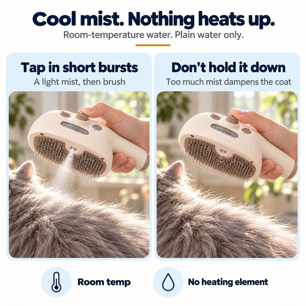 Cool mist, nothing heats up: tap in short bursts for a light mist, don't hold the button down. Room-temperature plain water, no heating element