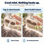 Cool mist, nothing heats up: tap in short bursts for a light mist, don't hold the button down. Room-temperature plain water, no heating element
