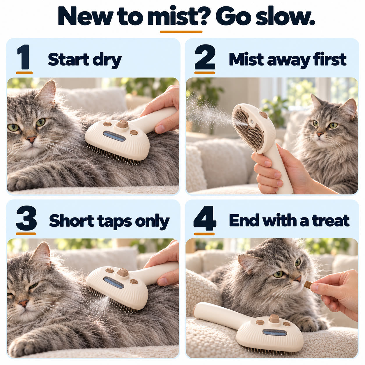 Four steps: start dry, mist away first, short taps only, end with a treat