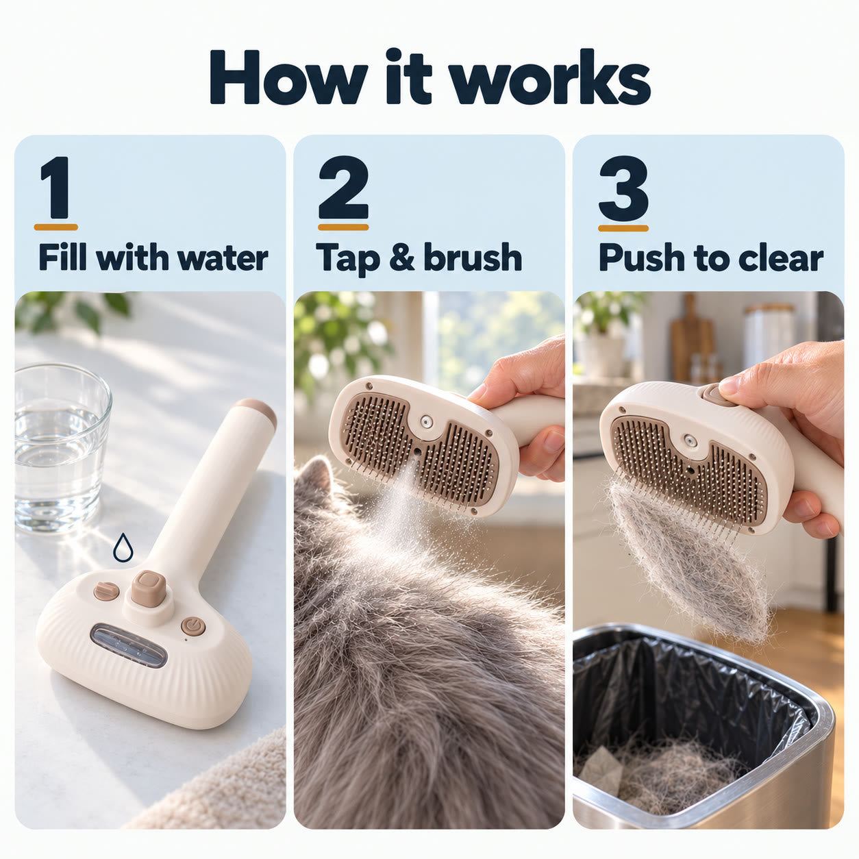 How it works: fill with water, tap and brush, push to clear