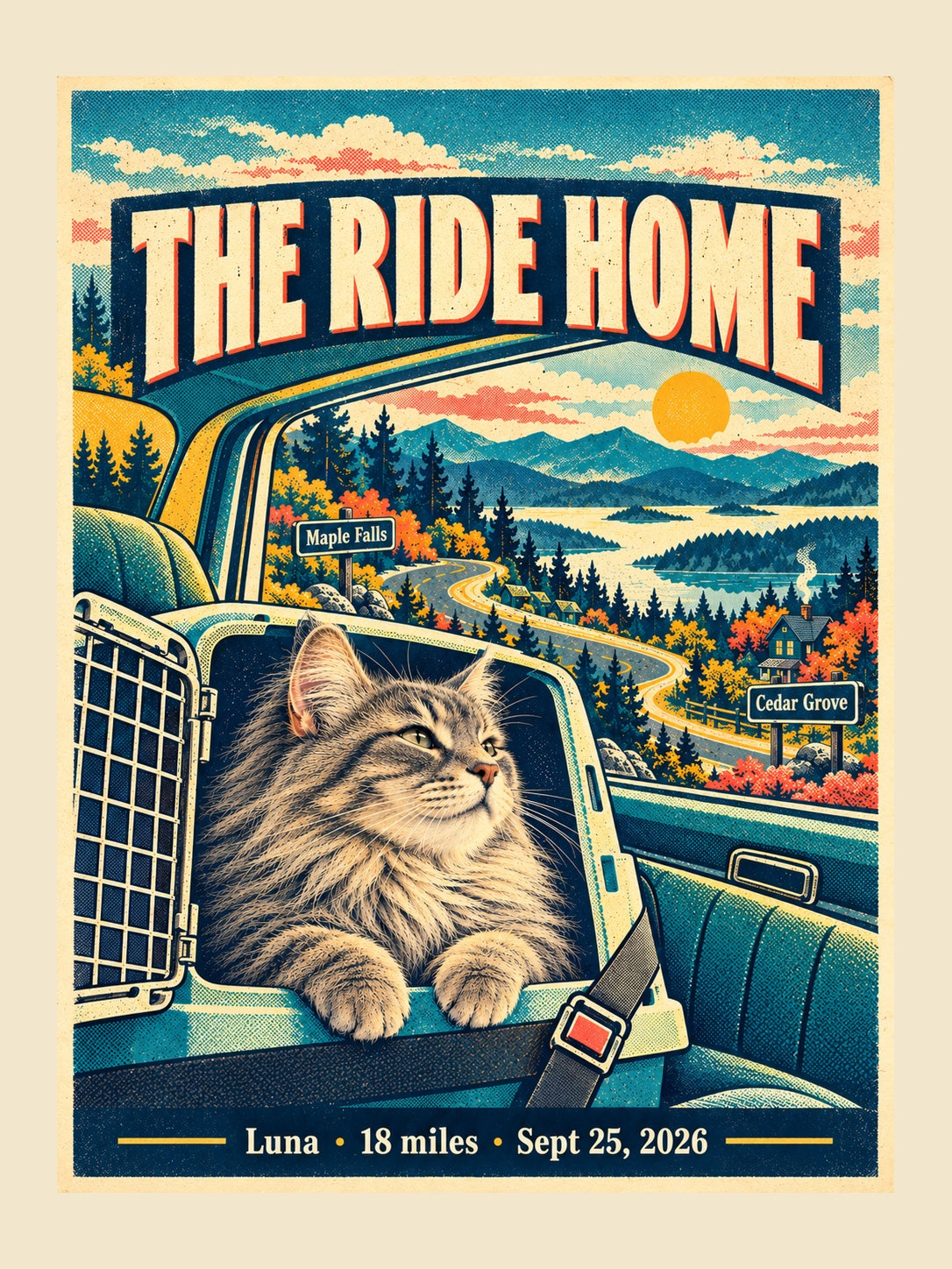 Sample Ride Home poster: a cat named Luna riding home in a carrier