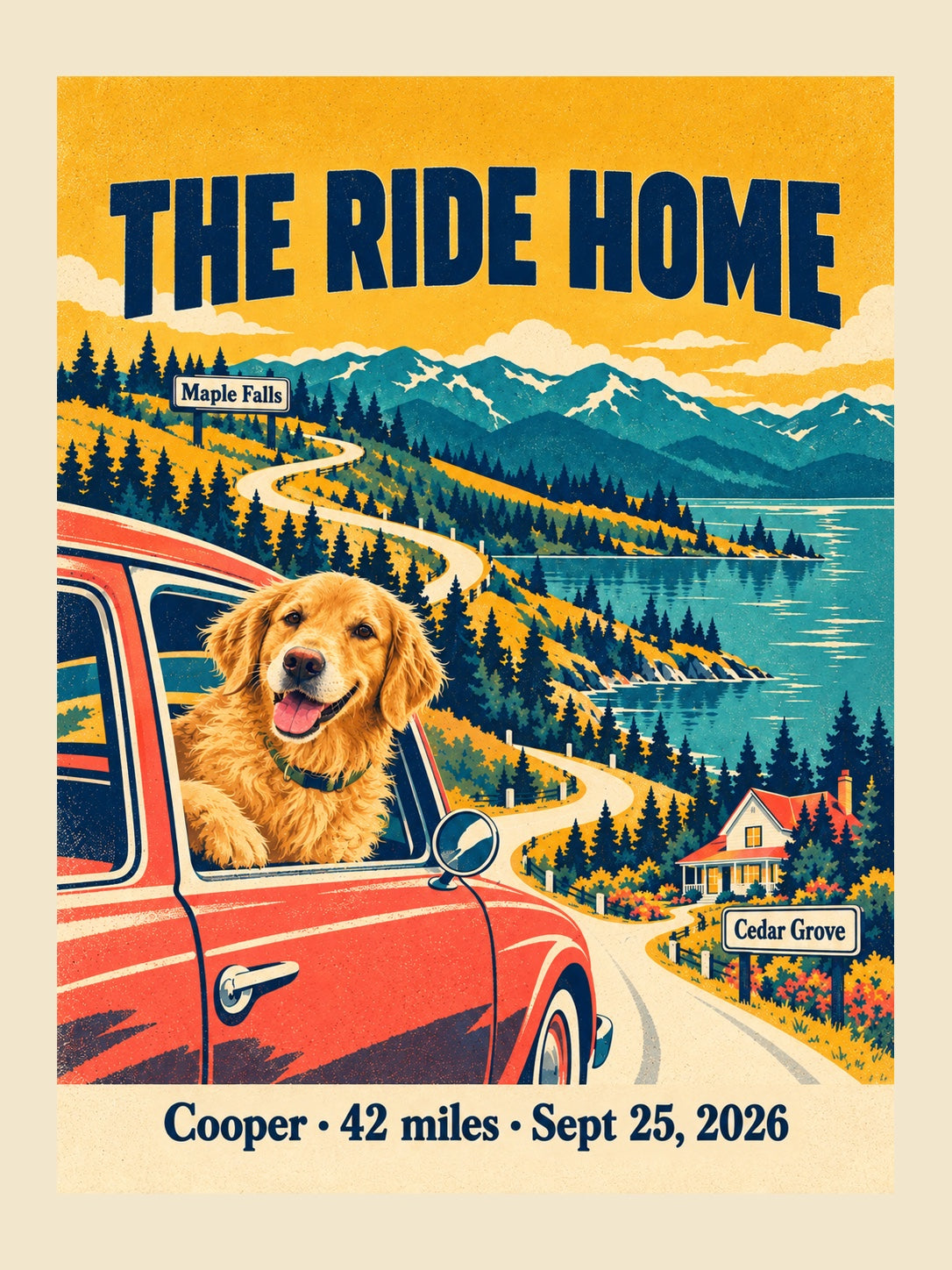 Sample Ride Home poster: a dog on a winding road home