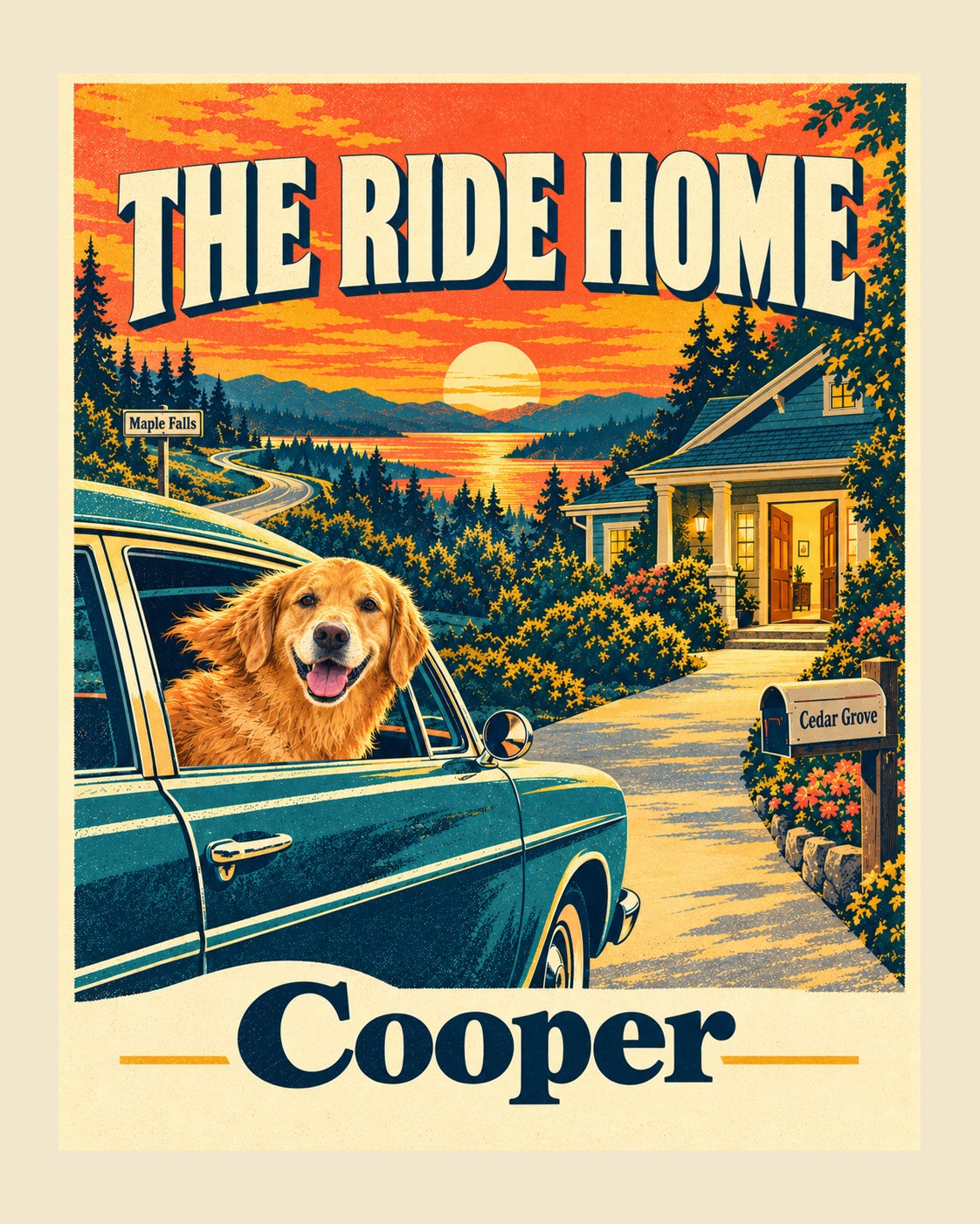 Sample Ride Home card: a golden retriever named Cooper looking out of a car window on the way to his new home